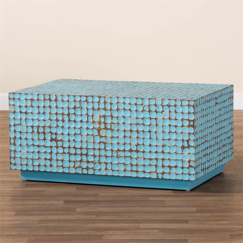 Pemberly Row Blue Coconut Shell and Acacia Wood Rectangular Coffee Table