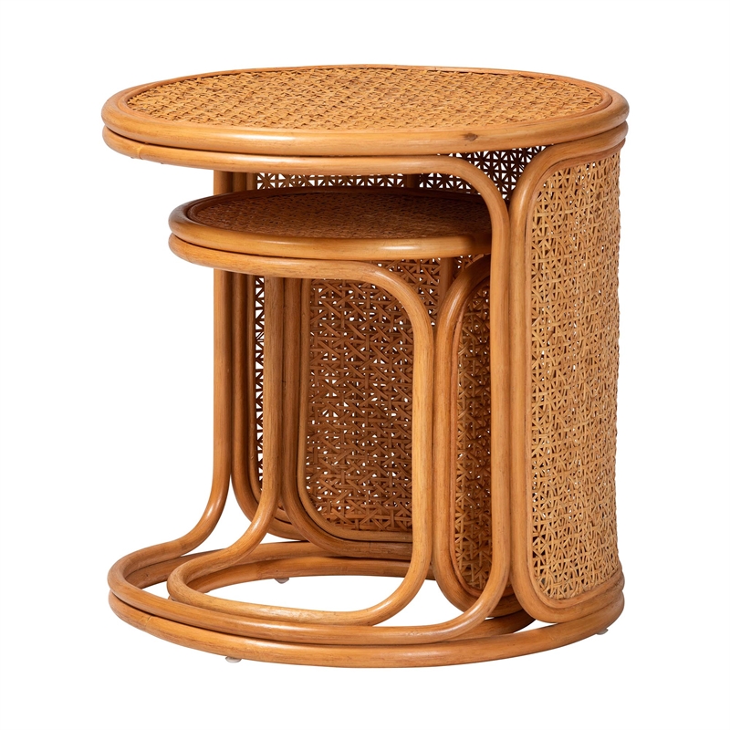 Pemberly Row Honey Rattan 2-Piece Nesting End Table Set with Round Tops