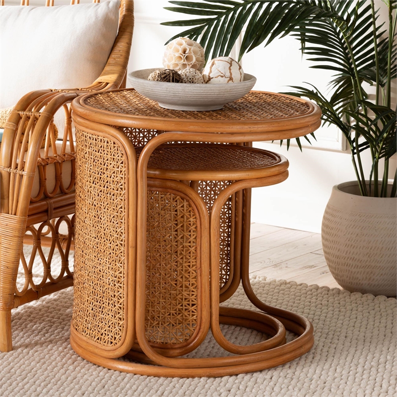 Pemberly Row Honey Rattan 2-Piece Nesting End Table Set with Round Tops