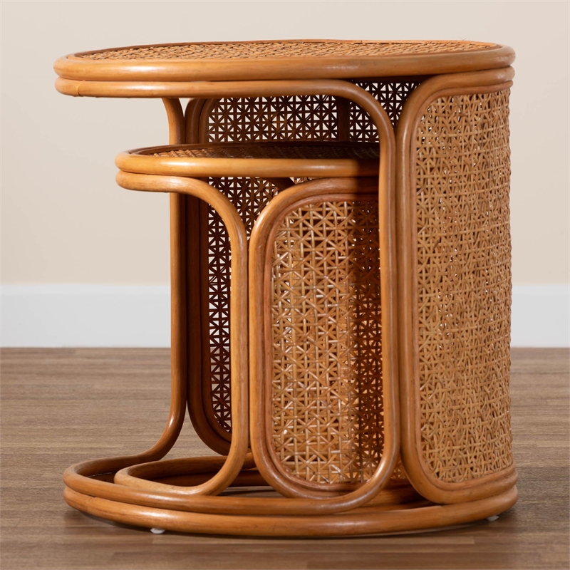 Pemberly Row Honey Rattan 2-Piece Nesting End Table Set with Round Tops