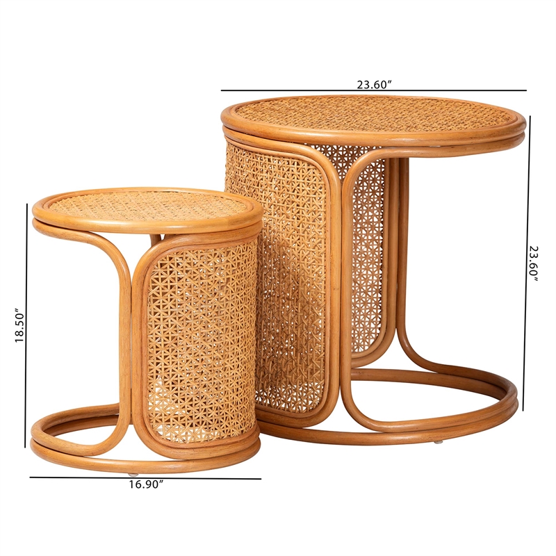 Pemberly Row Honey Rattan 2-Piece Nesting End Table Set with Round Tops