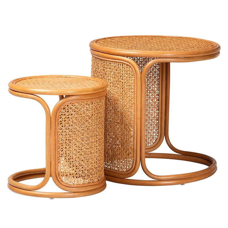 Pemberly Row Honey Rattan 2-Piece Nesting End Table Set with Round Tops