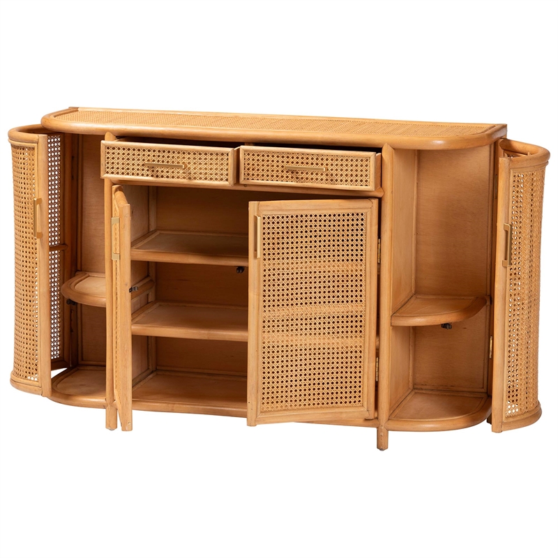Pemberly Row Natural Rattan Sideboard with 7 Shelves and 2 Drawers