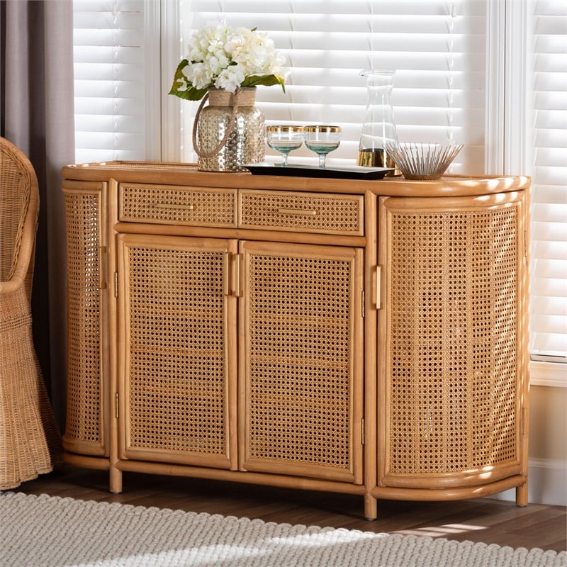 Pemberly Row Natural Rattan Sideboard with 7 Shelves and 2 Drawers