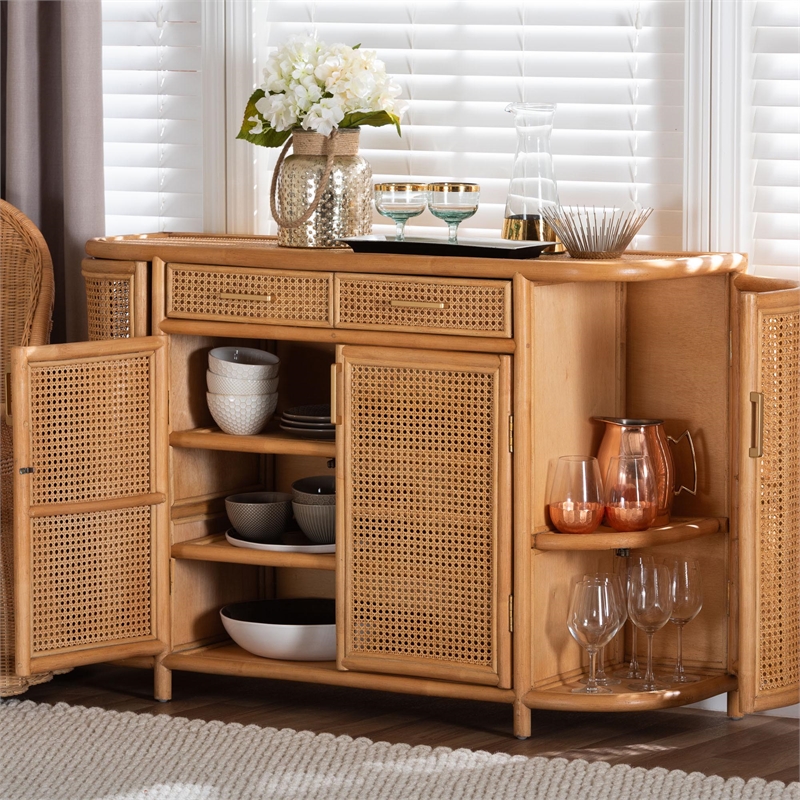 Pemberly Row Natural Rattan Sideboard with 7 Shelves and 2 Drawers