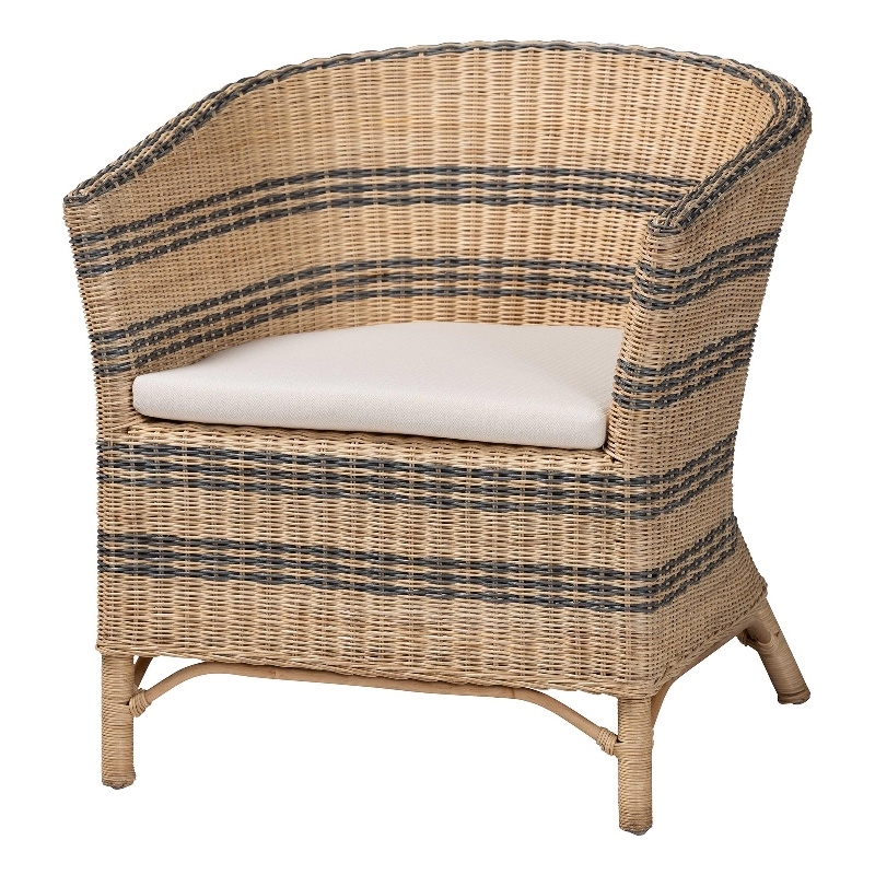 Pemberly Row Natural Rattan Barrel-Back Accent Chair with Striped Accents