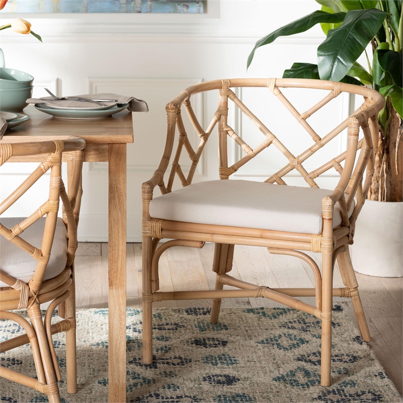 Pemberly Row Natural Rattan Handwoven Barrel Accent Dining Chair