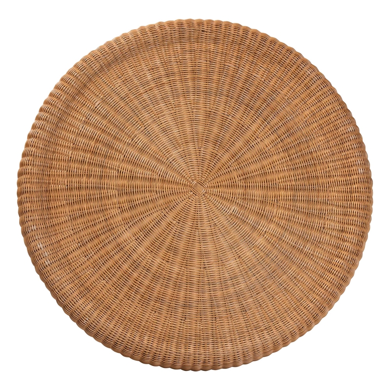 Pemberly Row Natural Rattan Round Coffee Table with Scalloped Pedestal Base