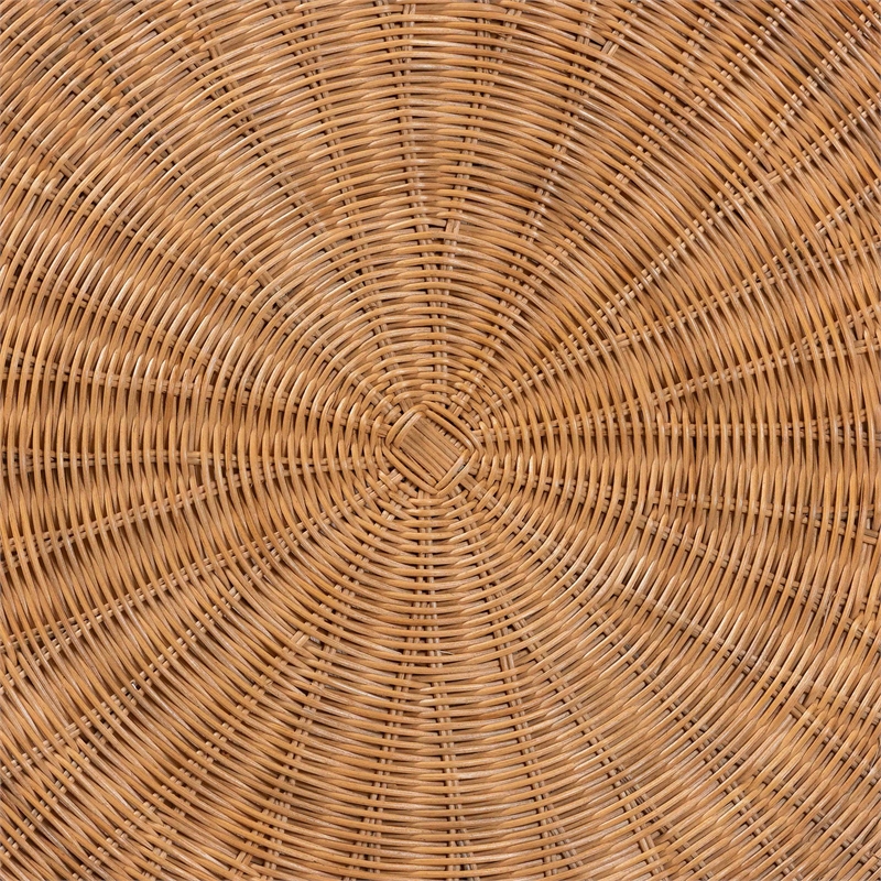 Pemberly Row Natural Rattan Round Coffee Table with Scalloped Pedestal Base