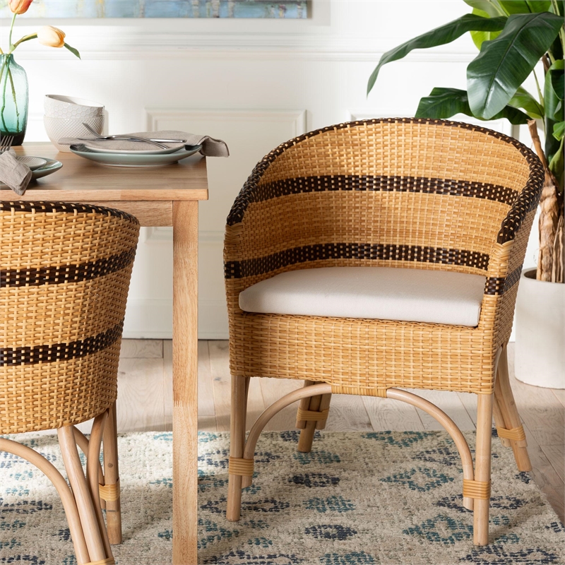 Pemberly Row Rattan Barrel-Back Dining Chair with Removable Cushion