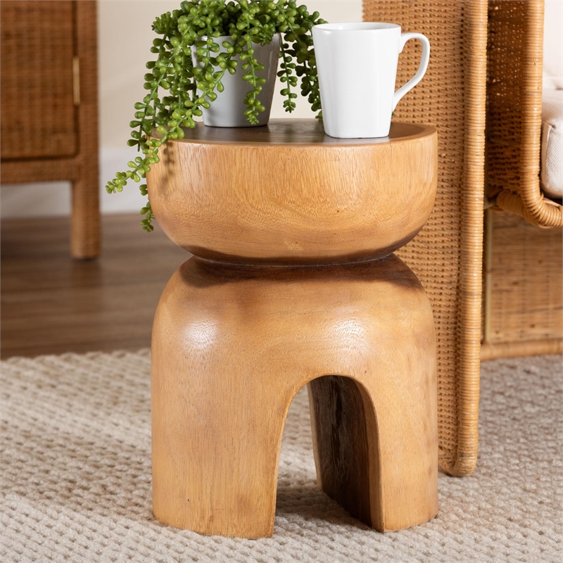 Pemberly Row Solid Suar Wood Hand-Carved Side Table with Arched Base