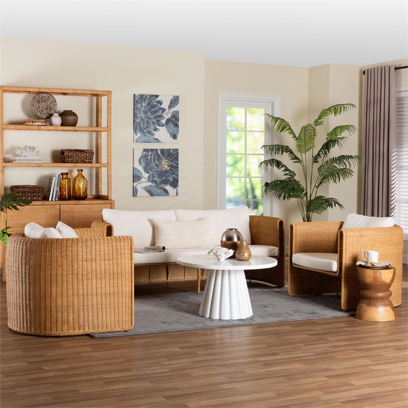 Pemberly Row Natural Rattan 3-Piece Living Room Set with Sofa and 2 Chairs