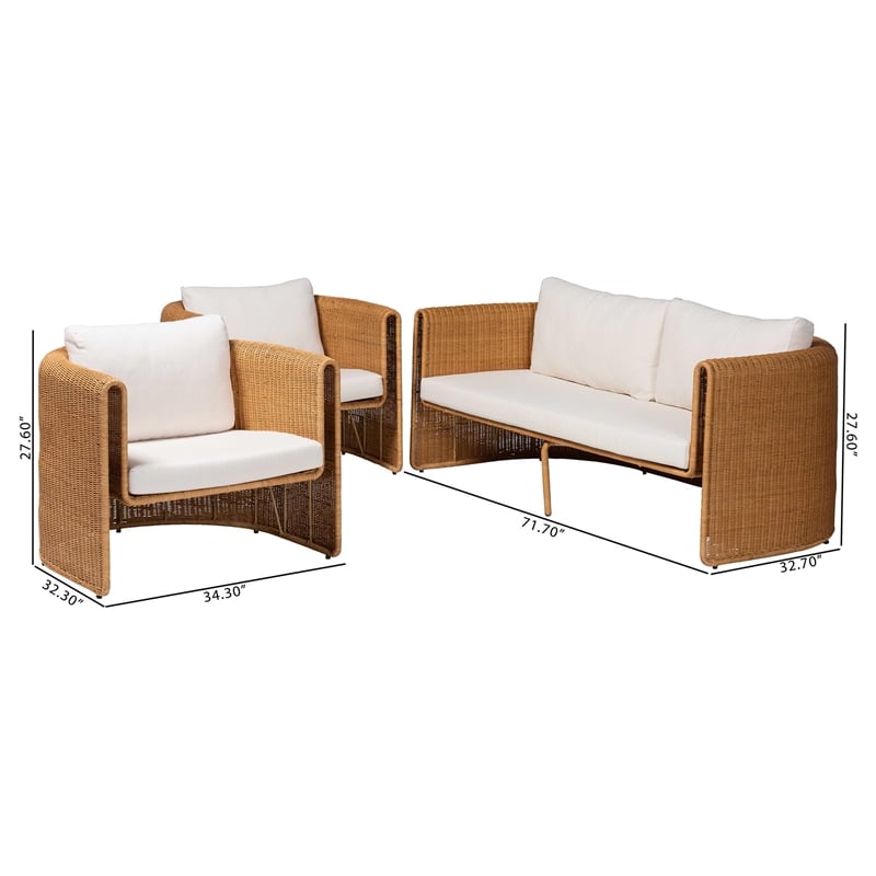 Pemberly Row Natural Rattan 3-Piece Living Room Set with Sofa and 2 Chairs