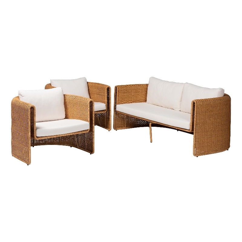 Pemberly Row Natural Rattan 3-Piece Living Room Set with Sofa and 2 Chairs