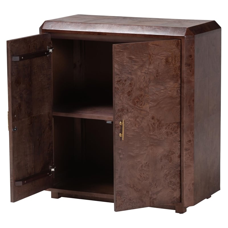 Pemberly Row Dark Walnut Burl Wood 2-Shelf Storage Cabinet with Metal Pulls