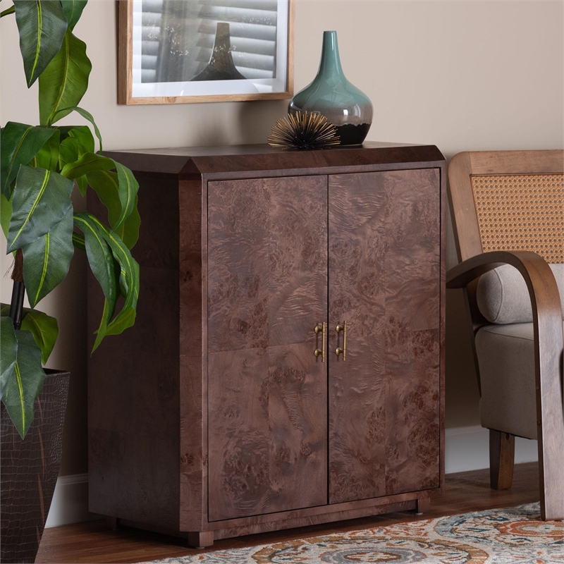 Pemberly Row Dark Walnut Burl Wood 2-Shelf Storage Cabinet with Metal Pulls