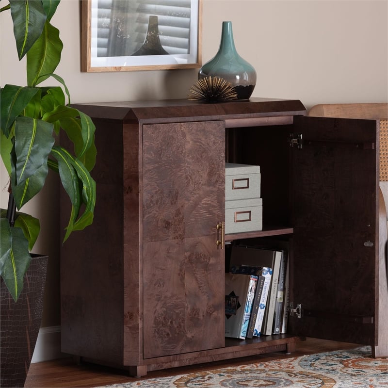 Pemberly Row Dark Walnut Burl Wood 2-Shelf Storage Cabinet with Metal Pulls