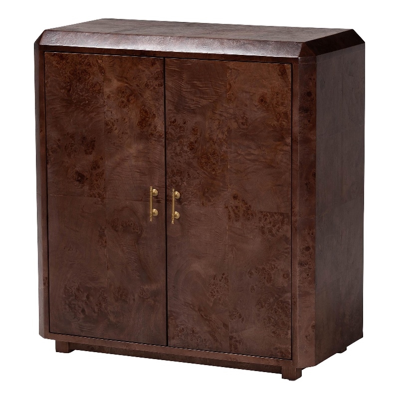 Pemberly Row Dark Walnut Burl Wood 2-Shelf Storage Cabinet with Metal Pulls