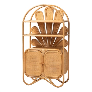 Pemberly Row Natural Rattan Peacock Fan Storage Cabinet with Arched Top