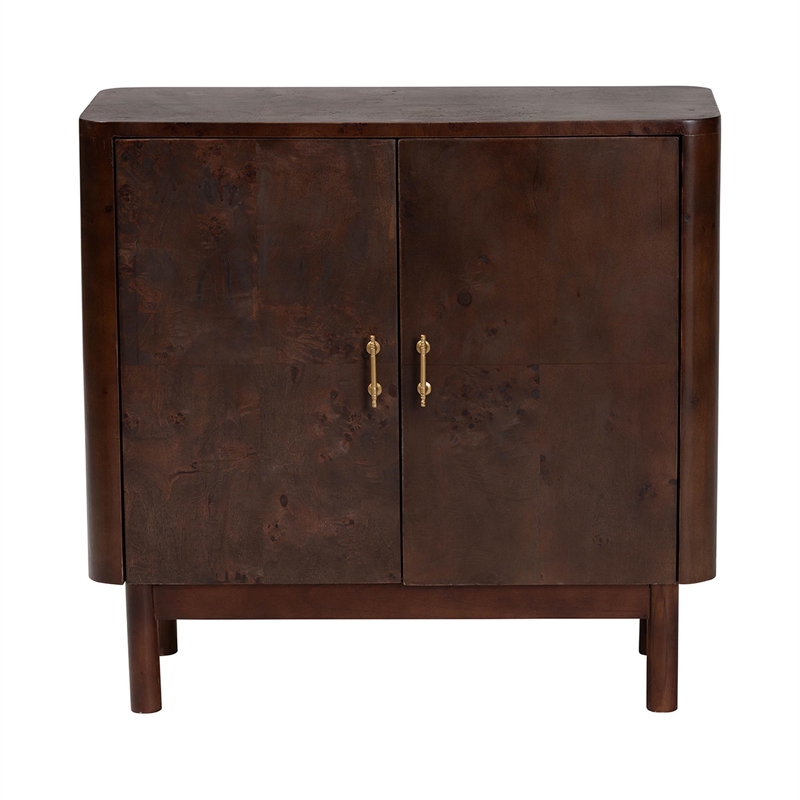 Pemberly Row Dark Walnut Burl Wood Storage Cabinet with Brass Handles