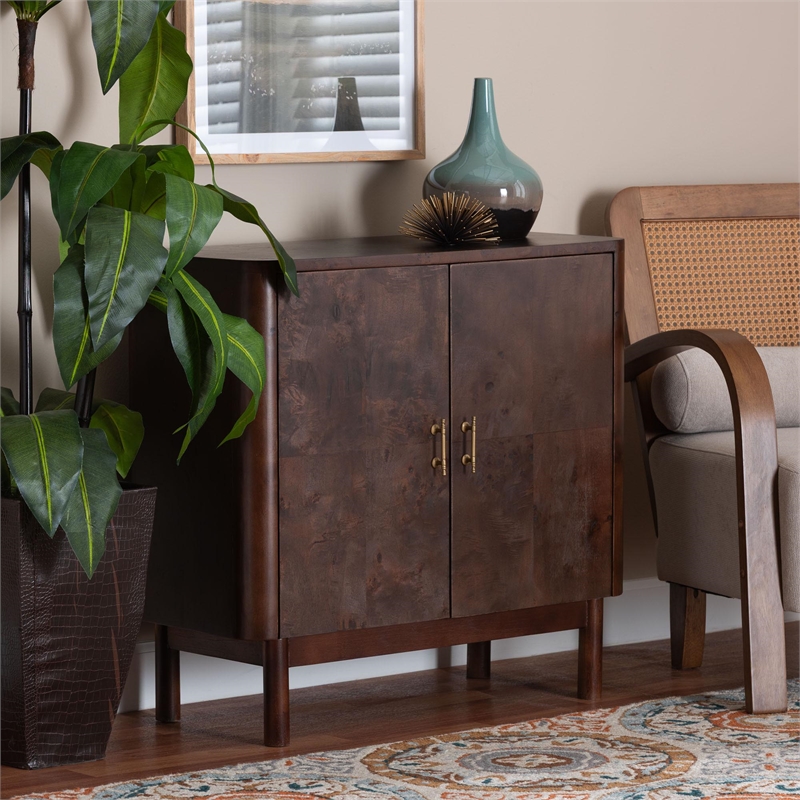 Pemberly Row Dark Walnut Burl Wood Storage Cabinet with Brass Handles