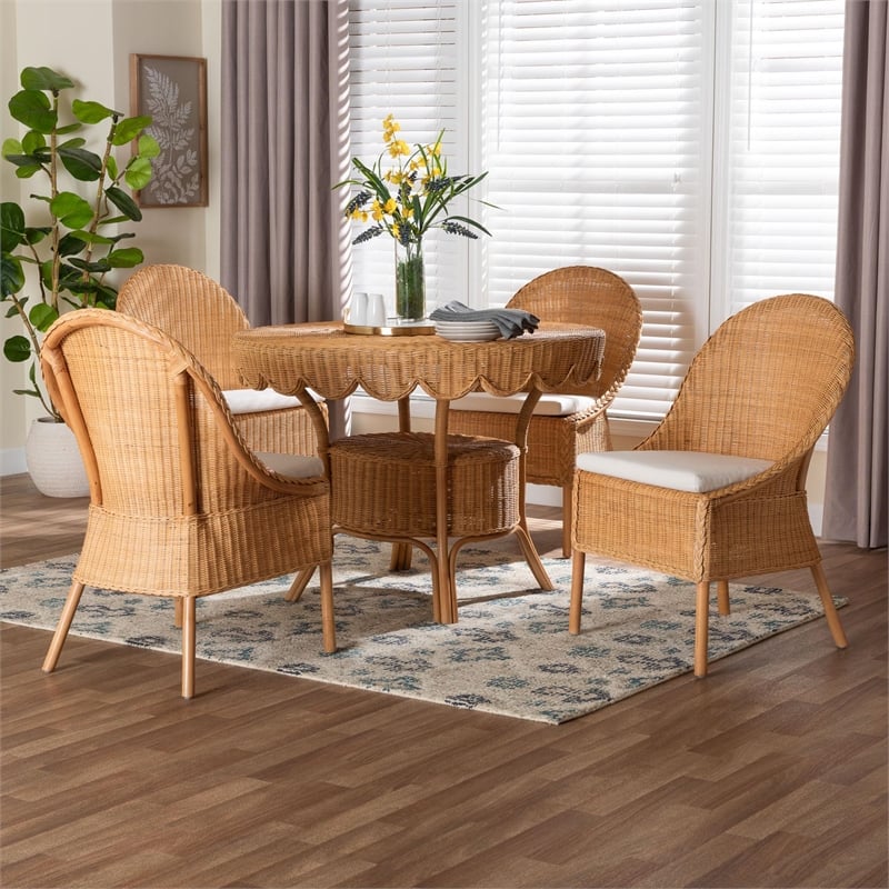 Pemberly Row Natural Rattan 5-Piece Dining Set with Braided Scalloped Table