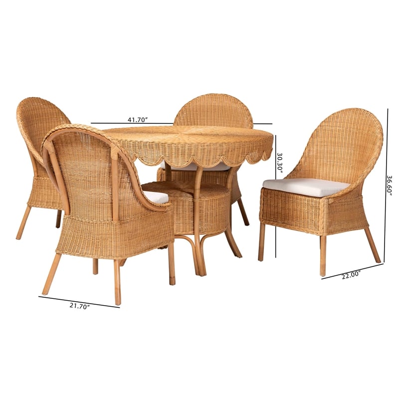 Pemberly Row Natural Rattan 5-Piece Dining Set with Braided Scalloped Table
