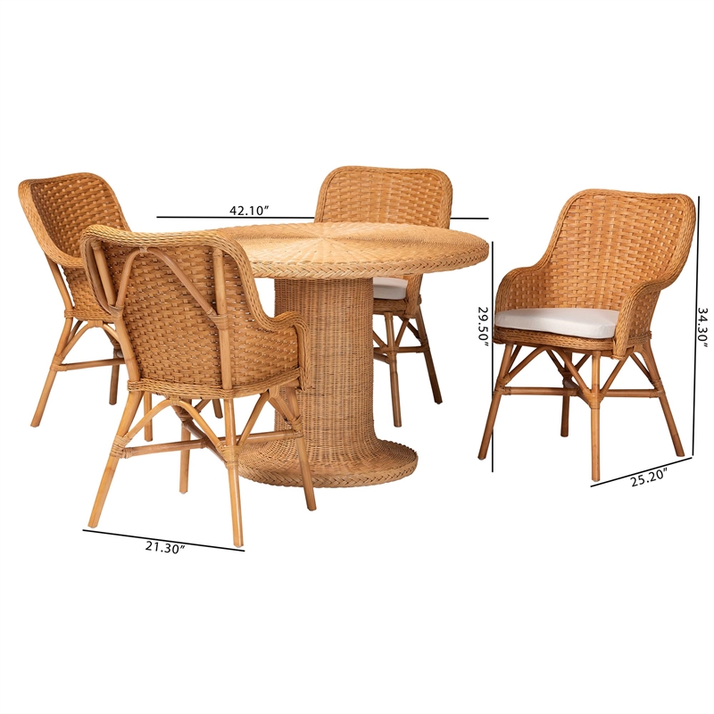 Pemberly Row Natural Rattan 5-Piece Dining Set with Braided Round Table