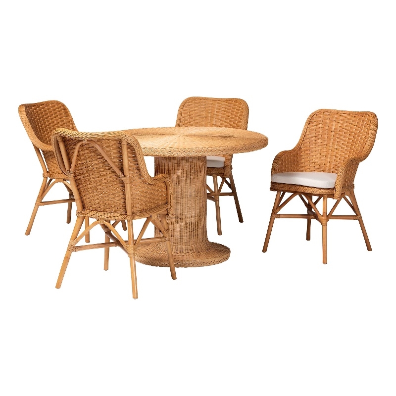 Pemberly Row Natural Rattan 5-Piece Dining Set with Braided Round Table