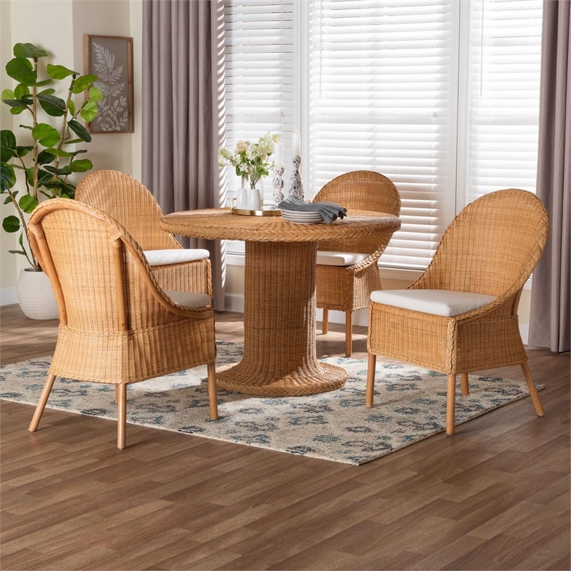 Pemberly Row Natural Rattan 5-Piece Dining Set with Braided Chair Accents