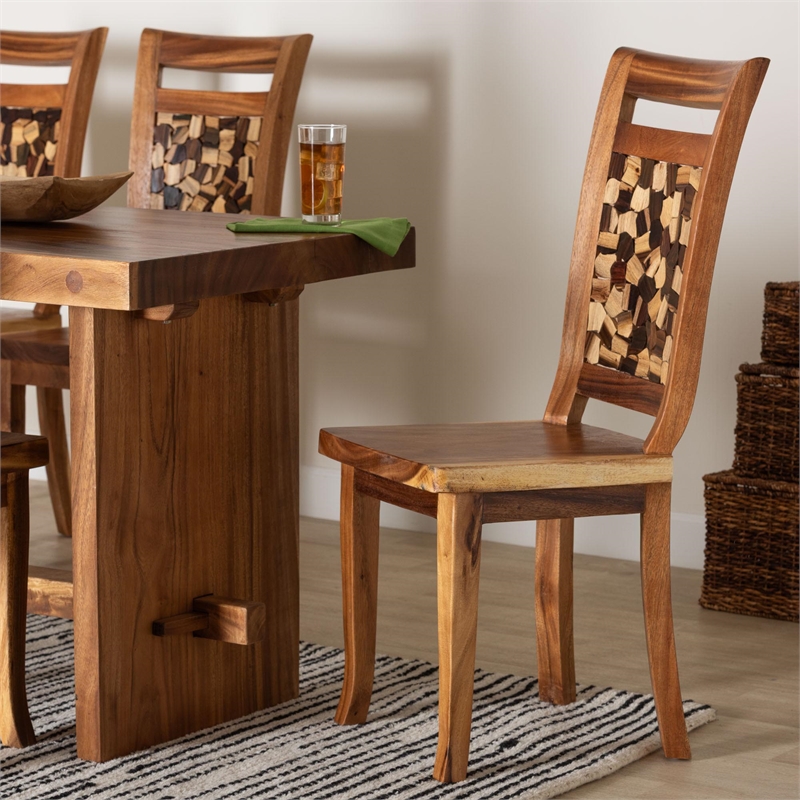 Pemberly Row Solid Suar Wood Hand-Carved Dining Chair with Mosaic Backrest