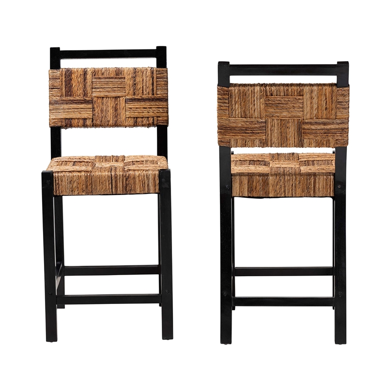 Pemberly Row Seagrass and Mango Wood Counter Stool Set of 2 with Footrest