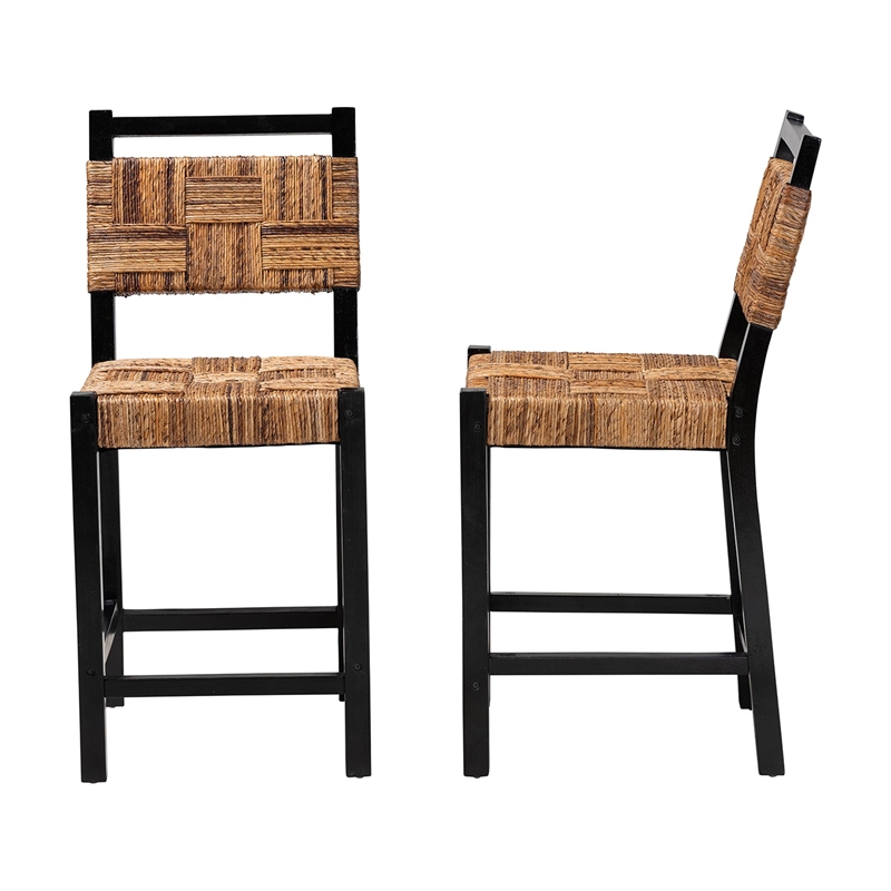 Pemberly Row Seagrass and Mango Wood Counter Stool Set of 2 with Footrest