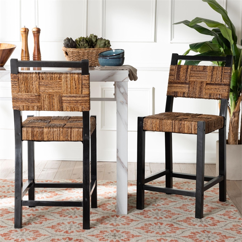 Pemberly Row Seagrass and Mango Wood Counter Stool Set of 2 with Footrest