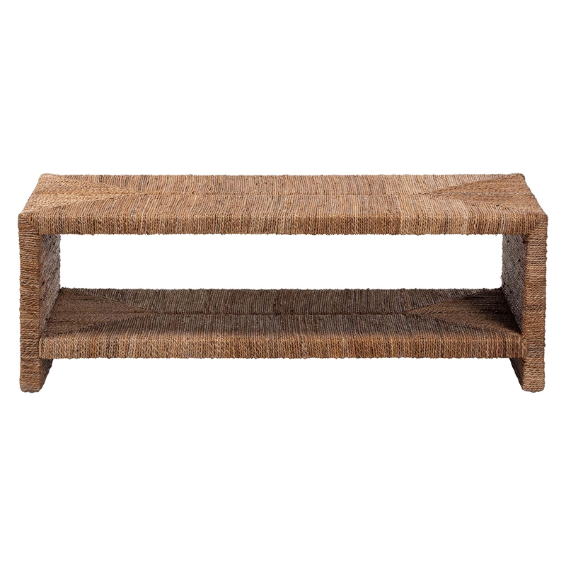 Pemberly Row Rectangle Seagrass and Wood Coffee Table with Lower Shelf