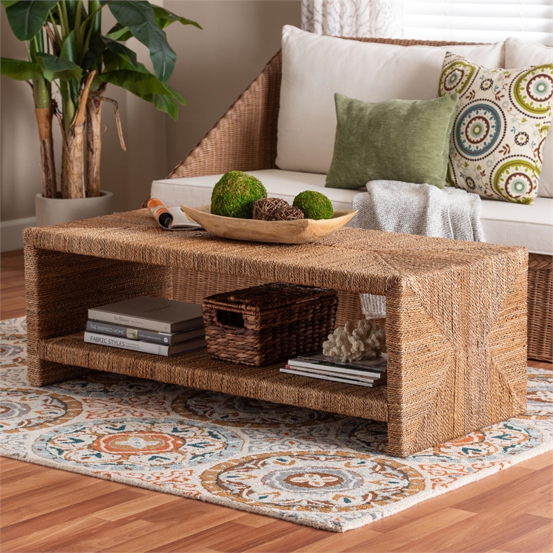 Pemberly Row Rectangle Seagrass and Wood Coffee Table with Lower Shelf