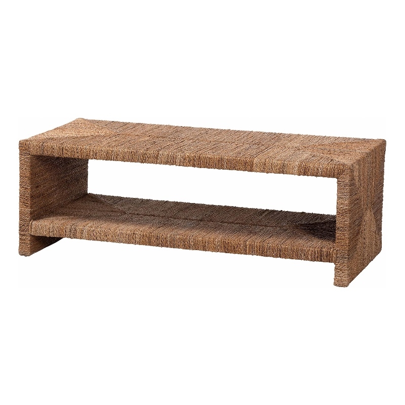Pemberly Row Rectangle Seagrass and Wood Coffee Table with Lower Shelf