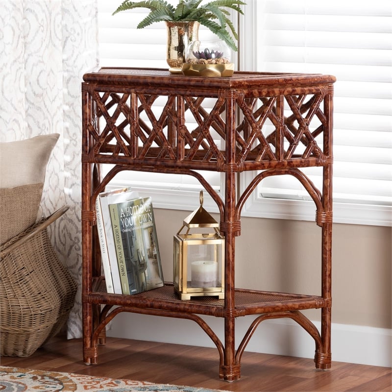 Pemberly Row Marbled Tortoise Rattan Console Table with Lower Shelf