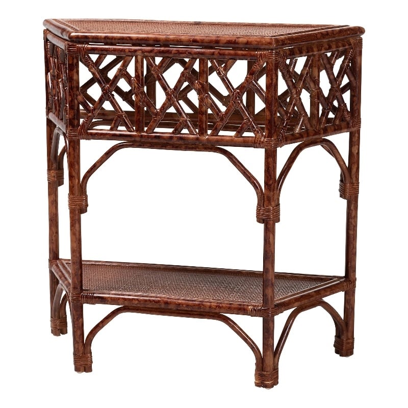 Pemberly Row Marbled Tortoise Rattan Console Table with Lower Shelf
