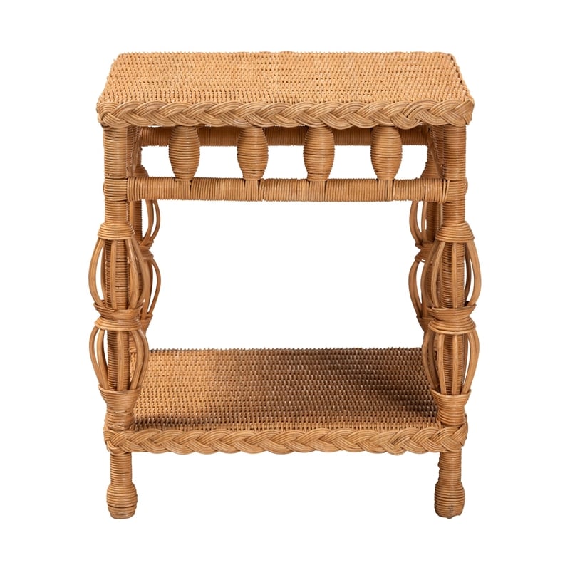 Pemberly Row Natural Rattan End Table with Braided Detail and Open Shelf