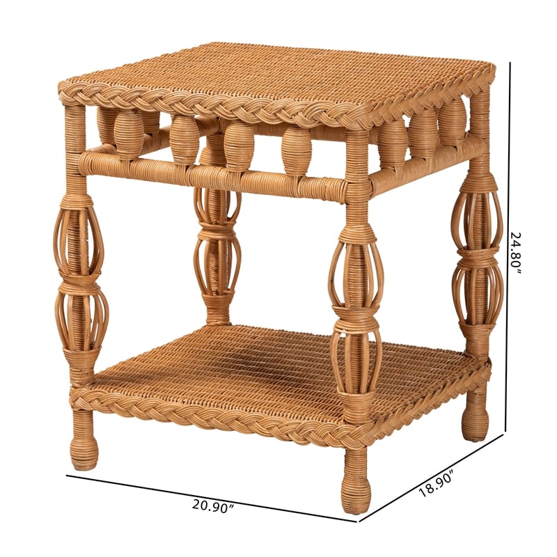 Pemberly Row Natural Rattan End Table with Braided Detail and Open Shelf
