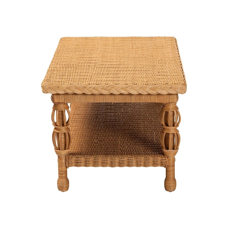 Pemberly Row Natural Rattan Coffee Table with Braided Detail and Open Shelf