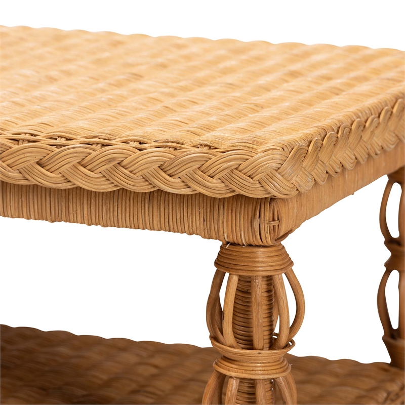 Pemberly Row Natural Rattan Coffee Table with Braided Detail and Open Shelf