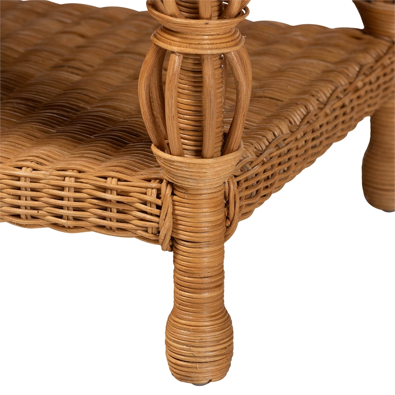 Pemberly Row Natural Rattan Coffee Table with Braided Detail and Open Shelf