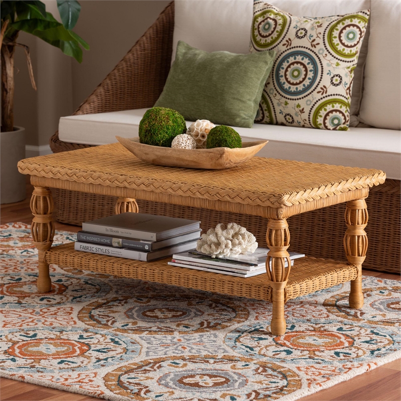 Pemberly Row Natural Rattan Coffee Table with Braided Detail and Open Shelf