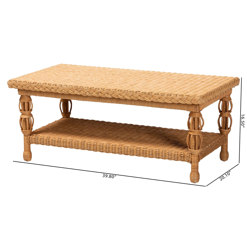 Pemberly Row Natural Rattan Coffee Table with Braided Detail and Open Shelf