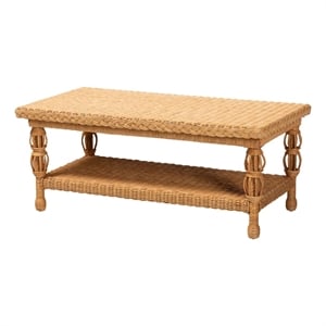 Pemberly Row Natural Rattan Coffee Table with Braided Detail and Open Shelf