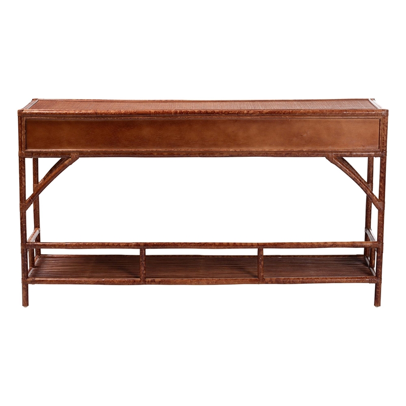Pemberly Row Marbled Tortoise Rattan Console Table with 3 Drawers
