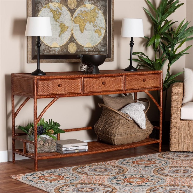 Pemberly Row Marbled Tortoise Rattan Console Table with 3 Drawers