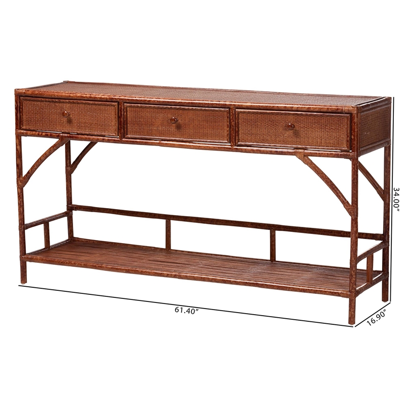 Pemberly Row Marbled Tortoise Rattan Console Table with 3 Drawers